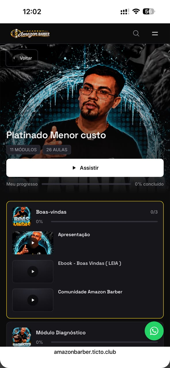 Área de alunos do Platinado Menor Custo no celular, mostrando módulos e aulas