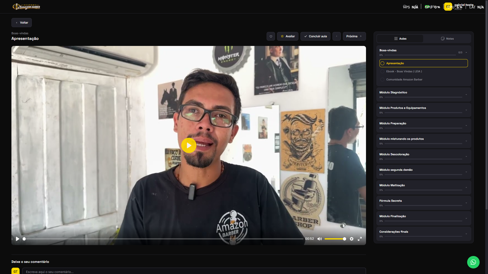 Área de alunos Academy Amazon Barber no computador, com vídeo da aula e módulos do curso